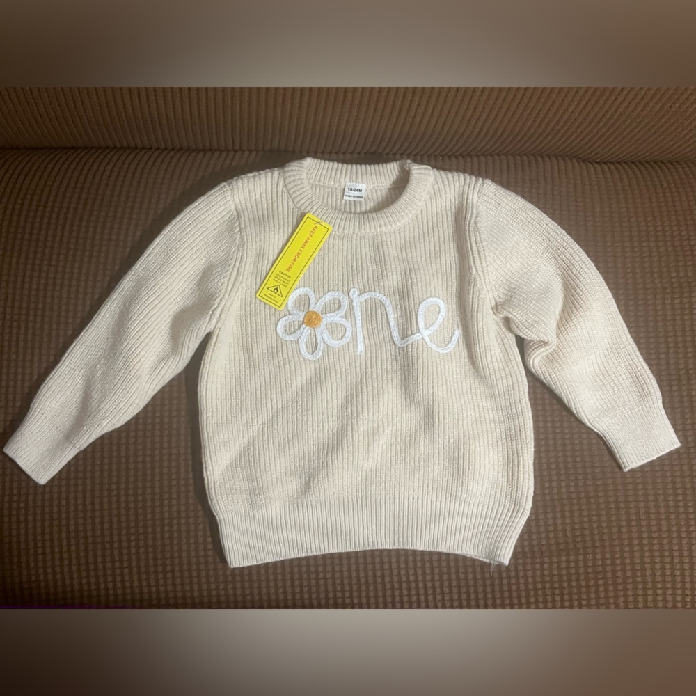 Cream '’ONE' Daisy Embroidered Soft knit Sweater